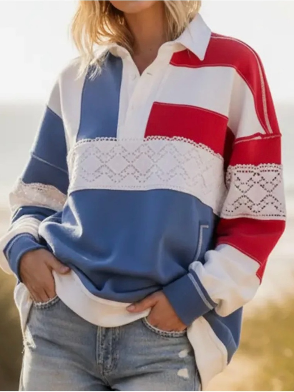 Boutique Red White Blue Polo Cotton Sweatshirt Lace Relaxed Rugby Fit S